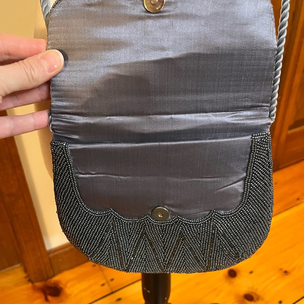 Vintage Beaded Black Silver Evening Purse Double Sided Scallop Flap Flapper Glam - Picture 5 of 8
